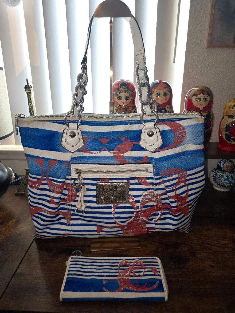 Coach Poppy Nautical Stripe Tote and Matching Wallet Set